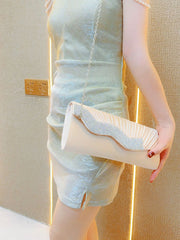 Ivory Satin Pleated Crystal Wave Clutch MNBF130