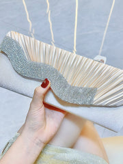 Ivory Satin Pleated Crystal Wave Clutch MNBF130
