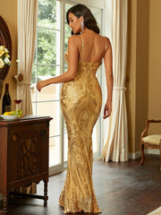 Sequin Gold V-neck Backless Mermaid Cocktail Dress XJ1242