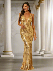 Sequin Gold V-neck Backless Mermaid Cocktail Dress XJ1242