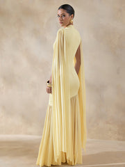 High Neck Cape Sleeve Asymmetric Pleated Maxi Dress XF251354