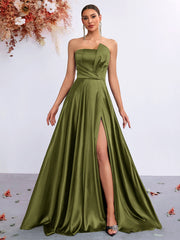 Olive Strapless Folds Satin A-Line Evening Dress XF251345