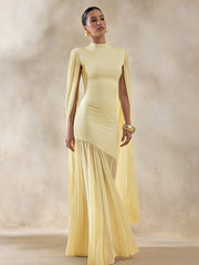 High Neck Cape Sleeve Asymmetric Pleated Maxi Dress XF251354