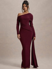Slash Neck Ribbon Ruched Solid Prom Dress MYC2024