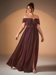 Plus Glitter Off-Shoulder A-Line Slit Evening Dress XF251301