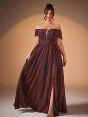 Plus Glitter Off-Shoulder A-Line Slit Evening Dress XF251301