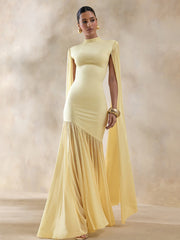 High Neck Cape Sleeve Asymmetric Pleated Maxi Dress XF251354