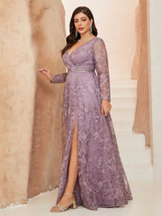Plus Lavender Floral Lace V-Neck Formal Dress XF251302
