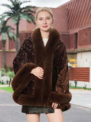 Sequin Solid Elegant Faux Fur Trim Cape Shawl MSF039