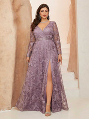 Plus Lavender Floral Lace V-Neck Formal Dress XF251302