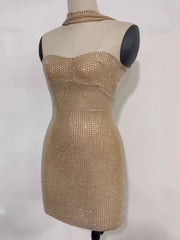 Nude Choker Strapless Rhinestone Bodycon Mini Party Dress XF251361