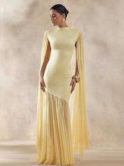 High Neck Cape Sleeve Asymmetric Pleated Maxi Dress XF251354