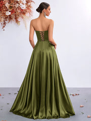 Olive Strapless Folds Satin A-Line Evening Dress XF251345