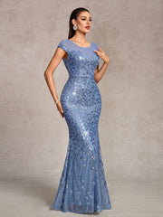 Dusty Blue Leaf Sequin Mermaid Evening Dress XF251367