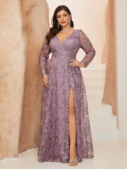 Plus Lavender Floral Lace V-Neck Formal Dress XF251302