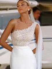 White Beaded Illusion Neck Cape Sleeve Satin Mermaid Wedding Dress MSW080