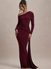 Slash Neck Ribbon Ruched Solid Prom Dress MYC2024