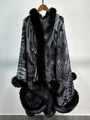 Graphic Elegant Faux Fur Trim Cape Shawl MSF038