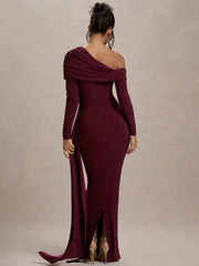 Slash Neck Ribbon Ruched Solid Prom Dress MYC2024