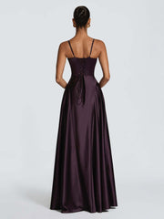 Spaghetti V Neck Satin Flowy Maxi Dress