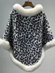 Leopard Print Faux Fur Trim Knitted Poncho Shawl MSF037