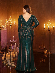 Plus V-neck Sequin Striped Cocktail Dress PGM0001