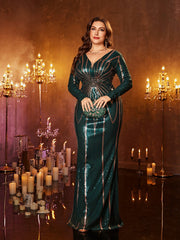 Plus V-neck Sequin Striped Cocktail Dress PGM0001
