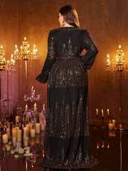 Plus Sequin Wrap Long Sleeve Cocktail Dress PGM00627