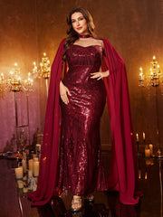 Plus Graphic Cape Sequin Evening Dress PMQ0001