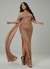 Plus Off Shoulder Draped Sequin Prom Dress PXH2132