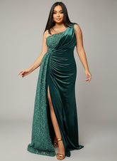 Plus Size One Shoulder Draped Sequin Burgundy Prom Dress PXH2356