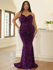 Plus Spaghetti Sequin Evening Dress PXJ1646