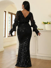 Plus Size V-Neck Black Sequin Dress PXJ1461