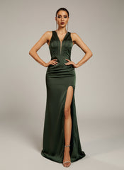 Green Sleeveless Back Cross Satin Prom Dress RX70342
