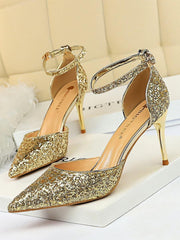 Metal Thin Buckle Sequins High Heel Sandals MHE1015