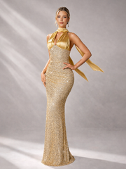 Gold Sequin Halter Backless Prom Dress SL30194