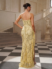 Wyatt Yellow Sequin Ripple Split Cocktail Dress