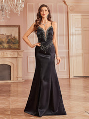 Pearl-Embellished Spaghetti Evening Dress ST59116