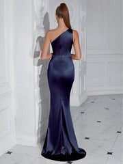 One Shoulder Ruched Split Satin Prom Dress XF05707