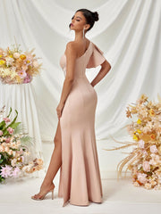 Ruffled One Shoulder Split Ruched Wedding Guest Dress XF05710