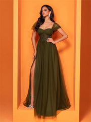 Square Neck Corset Split Mesh Prom Dress XF1022