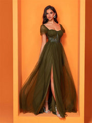 Square Neck Corset Split Mesh Prom Dress XF1022