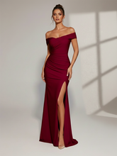 Off-Shoulder Gathered Slit Maxi Dress XF250118