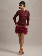 Long Sleeve Sequin Feather Mini Dress XF251193