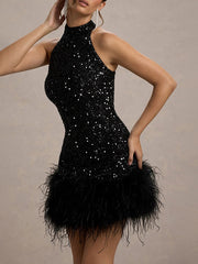 Black Sleeveless Sequin Feather Mini Party Dress XF251194