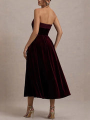 Burgundy Velvet Strapless Prom Dress XF251195