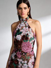 Floral Sequin Halter Bodycon Mini Party Dress XF251315