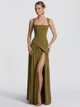 Olive Green Asymmetric Waist High Slit Formal Dress XF251320