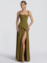 Olive Green Asymmetric Waist High Slit Formal Dress XF251320