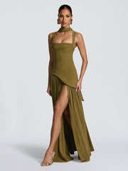 Olive Green Asymmetric Waist High Slit Formal Dress XF251320